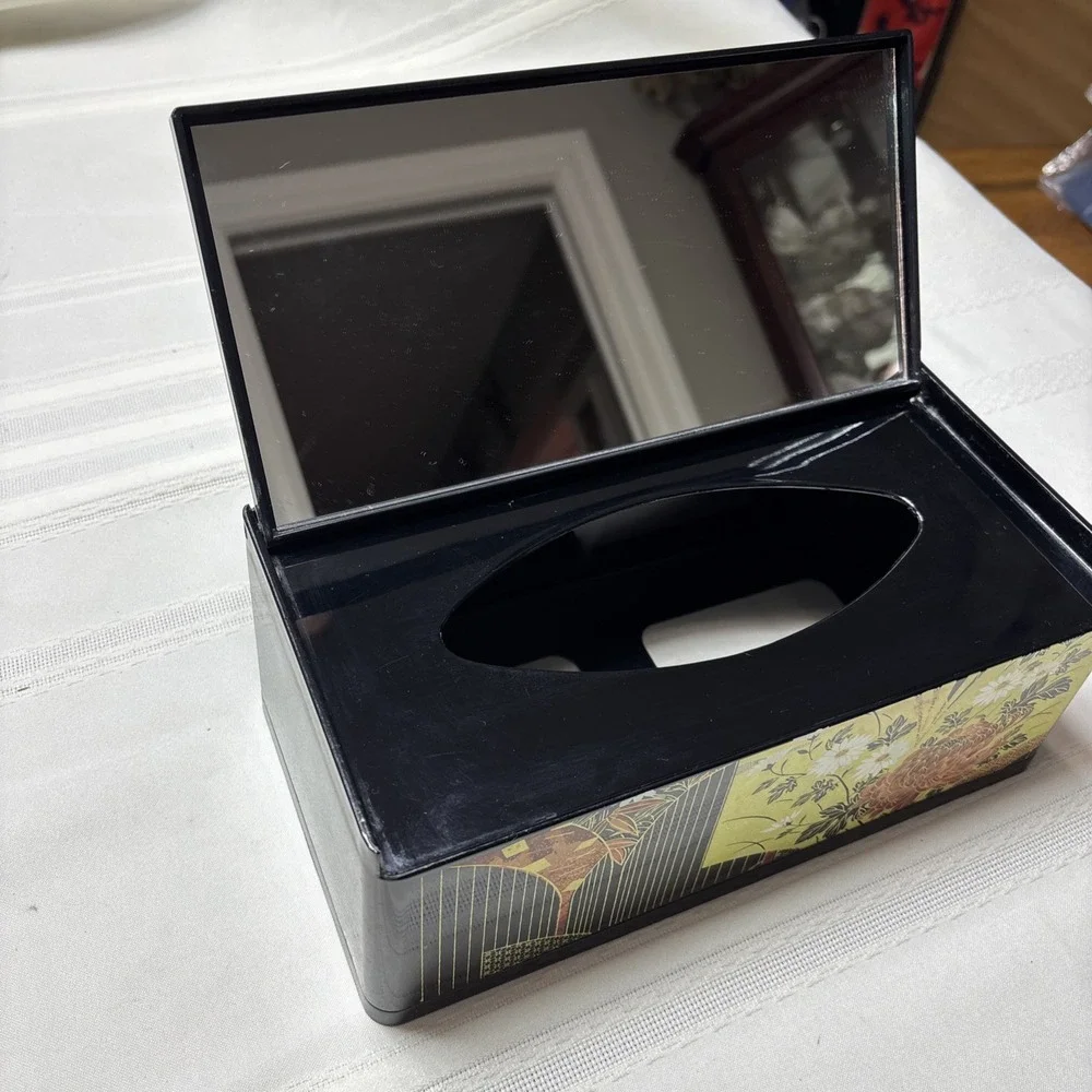 Vintage Tissue Box Holder With Flip Up Mirror Floral Design Made In Japan